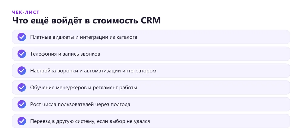 Чек-лист скрытых расходов на внедрение CRM для лендинга: интеграции и виджеты, телефония, настройка интегратором, обучение менеджеров, рост числа пользователей, миграция при переезде
