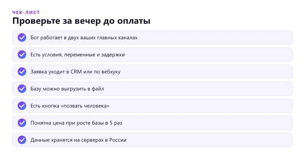 Чек-лист проверки конструктора чат-ботов перед оплатой тарифа