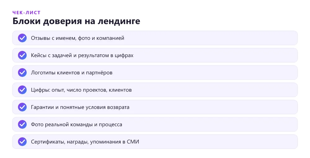 Чек-лист блоков доверия для лендинга
