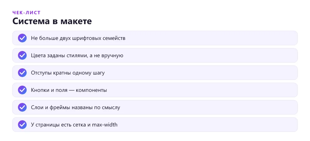 Чек-лист проверки стилей и компонентов в макете лендинга Figma