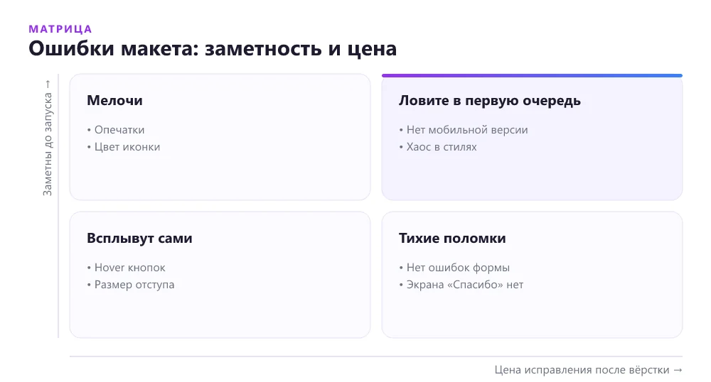 Матрица ошибок макета лендинга по заметности и стоимости исправления после вёрстки