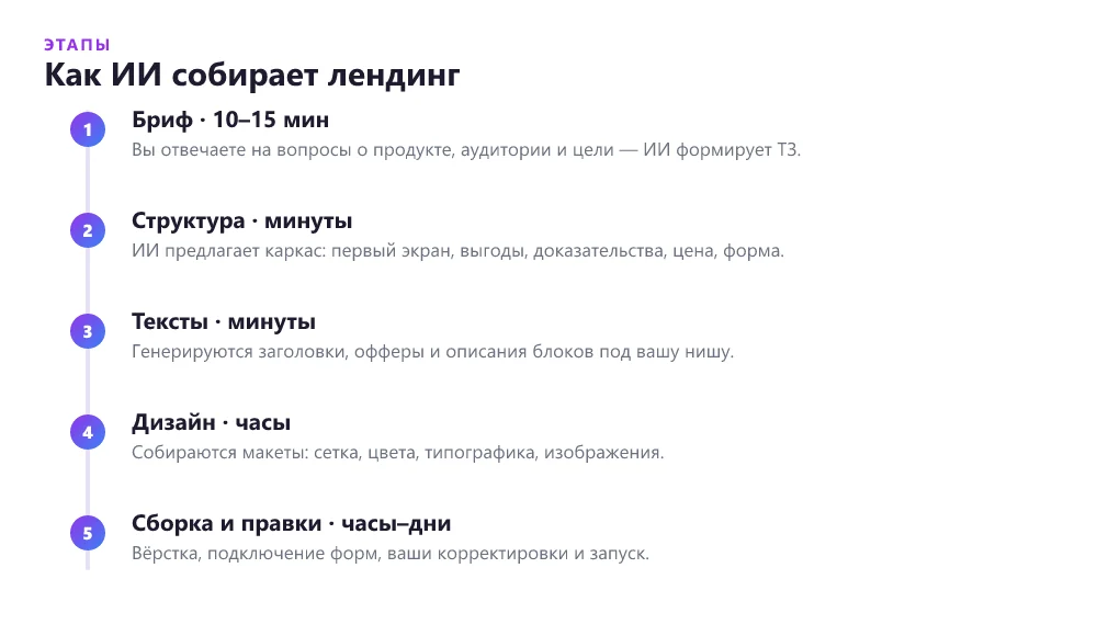 Схема генерации лендинга через ИИ по этапам от брифа до запуска