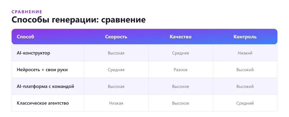 Сравнение способов генерации лендинга через ИИ по скорости, качеству и контролю