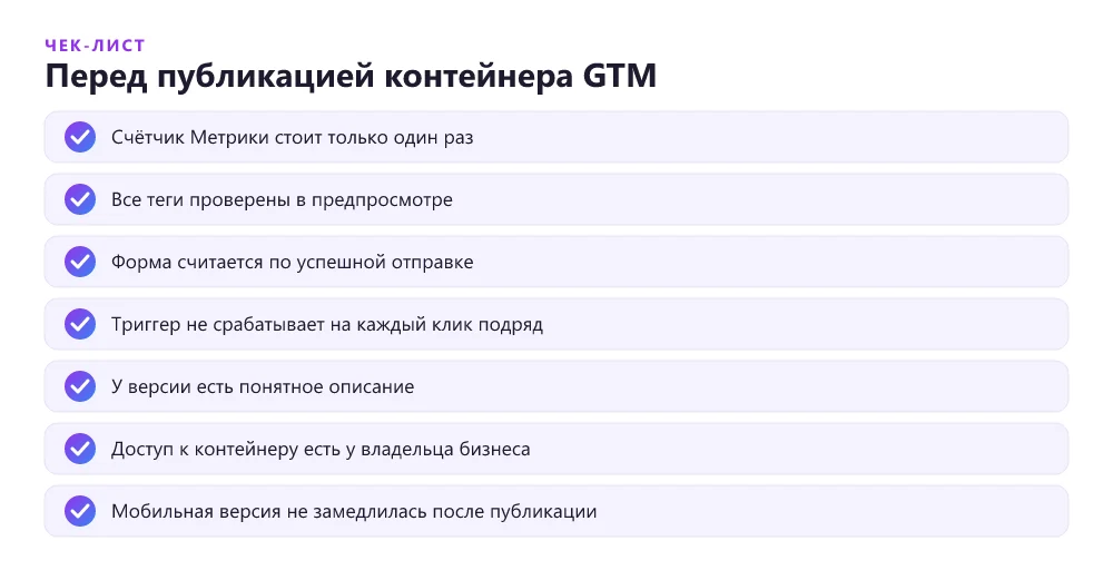 Чек-лист перед публикацией контейнера Google Tag Manager на лендинге: дубли, предпросмотр, версии, скорость, доступы