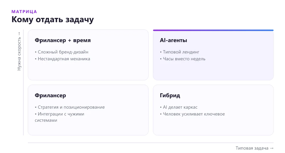 Матрица выбора между фрилансером и AI-агентами по типу задачи