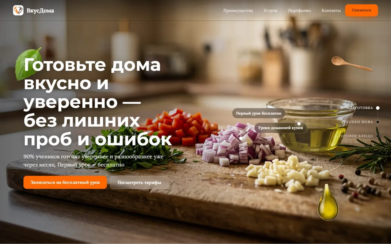 Первый экран лендинга онлайн-школы кулинарии «ВкусДома»: доска с ингредиентами и оффер «Готовьте дома вкусно и уверенно»