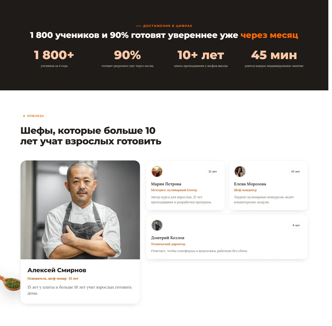 Блоки цифр и команды шефов на лендинге кулинарной школы «ВкусДома»