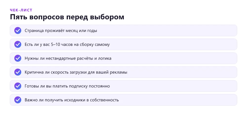Чек-лист вопросов для выбора между конструктором и разработкой