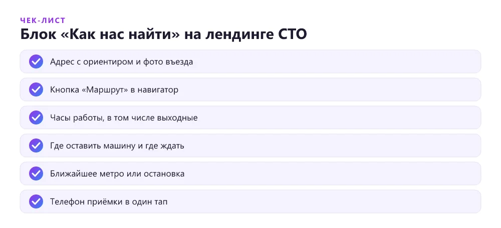 Чек-лист блока «Как нас найти» на лендинге автосервиса: адрес, заезд, парковка, часы, маршрут