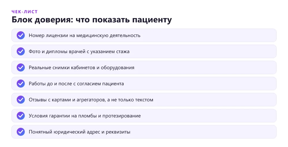 Чек-лист блока доверия на лендинге стоматологической клиники