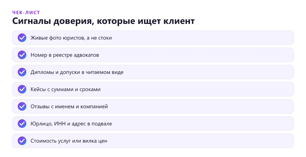 Чек-лист сигналов доверия на лендинге юридической фирмы