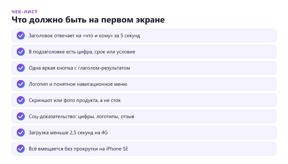 Чек-лист сильного первого экрана лендинга