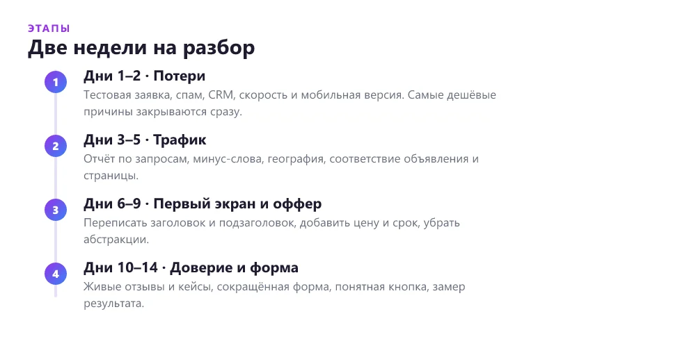 План разбора лендинга без заявок по неделям
