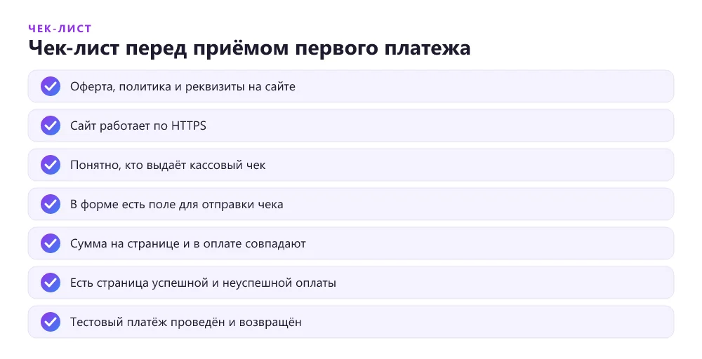 Чек-лист запуска приёма оплаты на сайте
