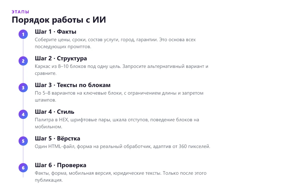 Порядок работы с ИИ при создании сайта по этапам