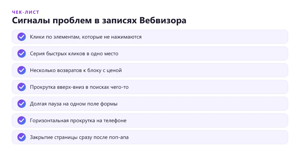 Чек-лист сигналов проблем в записях вебвизора: клики по некликабельным элементам, серии кликов, возврат к цене, метания по странице, пауза на поле формы, горизонтальная прокрутка, уход после поп-апа