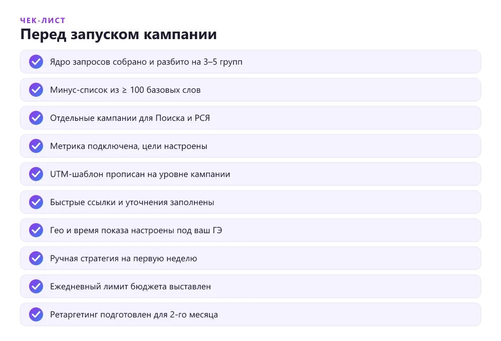 Чек-лист запуска Яндекс Директа: 10 обязательных пунктов